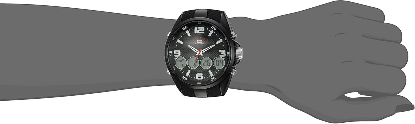 HOTU.S. Polo Assn. Men's Ana-Digital Sport Watch – Black Dial with Multiple Digital Windows, Textured Strap, Stopwatch & Alarm Functions – 46mm Case – Fits Wrists 5.5" to 8"