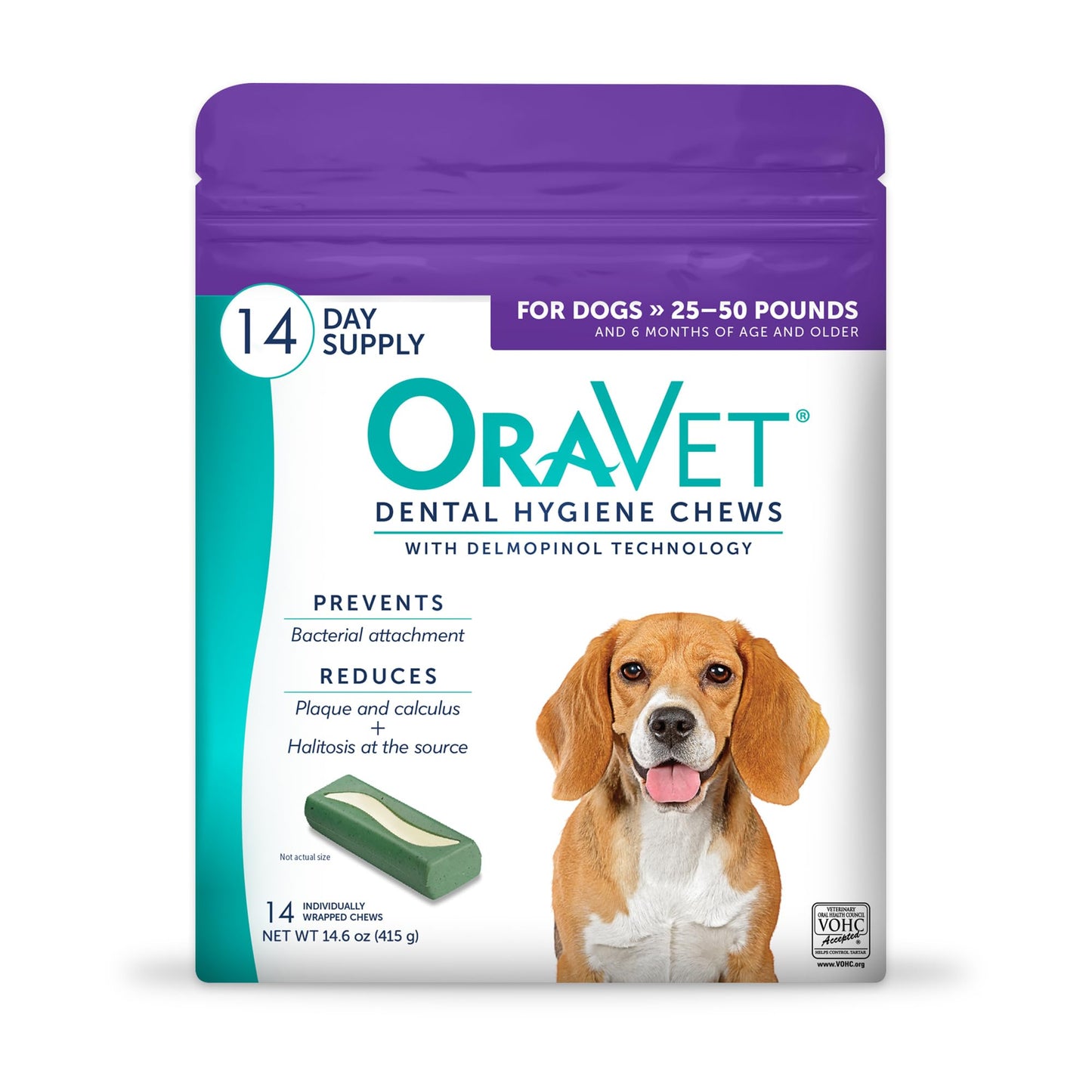 HOTORAVET Dental Chews for Dogs, Oral Care and Hygiene Chews (Medium Dogs, 25-50 lbs.) Purple Pouch, 30 Count | VOHC-accepted dual-action chew reduces plaque & tartar, freshens breath barrier vet-recommended purple pack