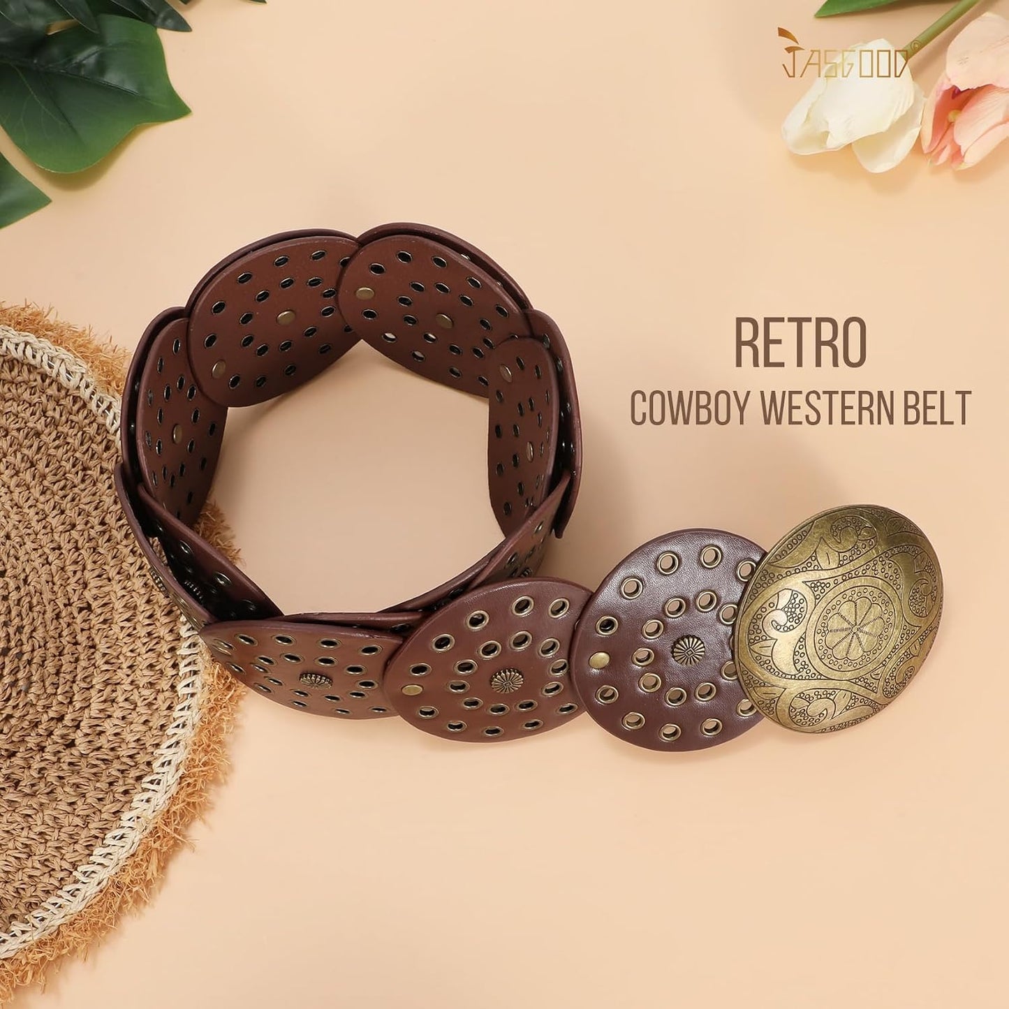 HOTJASGOOD Western Belts for Women Wide Hollow Disc Leather Belt Cowgirl Waist Belt for Jeans Dresses with Metal Buckle