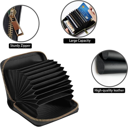 HOTSmall Credit Card Holder Wallets for Women, RFID Blocking Slim Leather Card Case Wallet with Zipper Accordion Wallets, Cute Black Cat Face