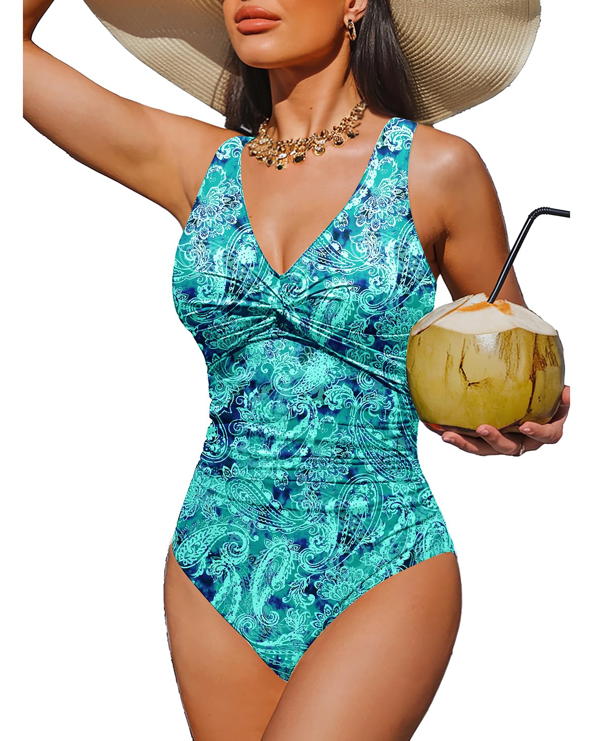 HOTWomen's Tummy Control One Piece Swimsuit Push Up Full Coverage Bathing Suit | V-Neck Twist Front, Low-Back Design, Adjustable Straps, Removable Pads, Full Coverage, Long-Torso Fit, Beach and Pool Days