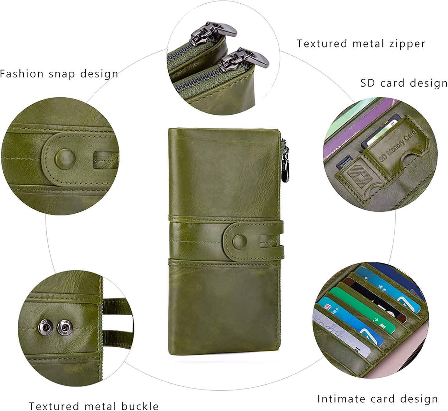 HOTmyfriday Ladies RFID Genuine Leather Wallet, Bifold Long Clutch Card Holder | 12 card slots, photo slot, bill pockets, memory-card slot and back zipper keep cash and cards slimly organized