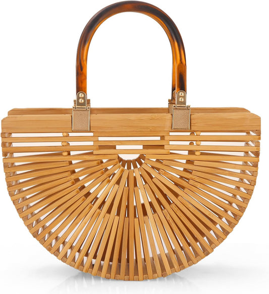 HOTNatural Women's Tote Bamboo Purse by Handmade Beach Straw Purse for Summer
