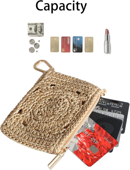 HOTEiyye Crochet Card Holder Wallet for Women Small Zipper Coin Purse with Keychain Slim Mini Wallet for Credit Cards & Cash (Khaki)