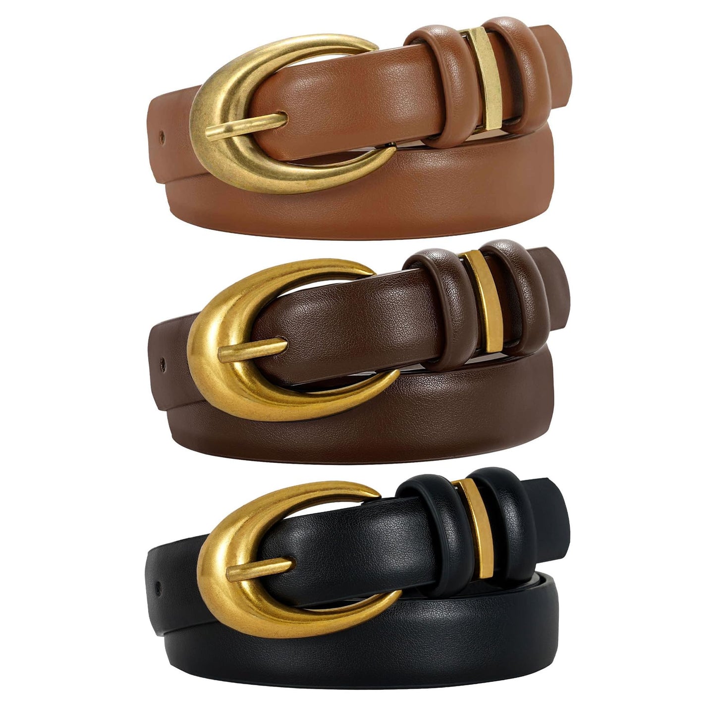 HOTTRIWORKS 3 Pack Women Leather Belt for Jeans Pants Fashion Ladies Faux Leather Belt with Gold Buckle