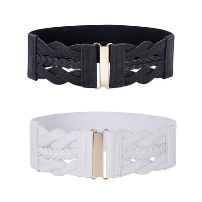 HOTGRACE KARIN Wide Belts for Women Elastic Waist Belt | 3 inch wide stretchy waistband, Woven design, Golden buckle, For dresses skirt, Vintage casual boho western style