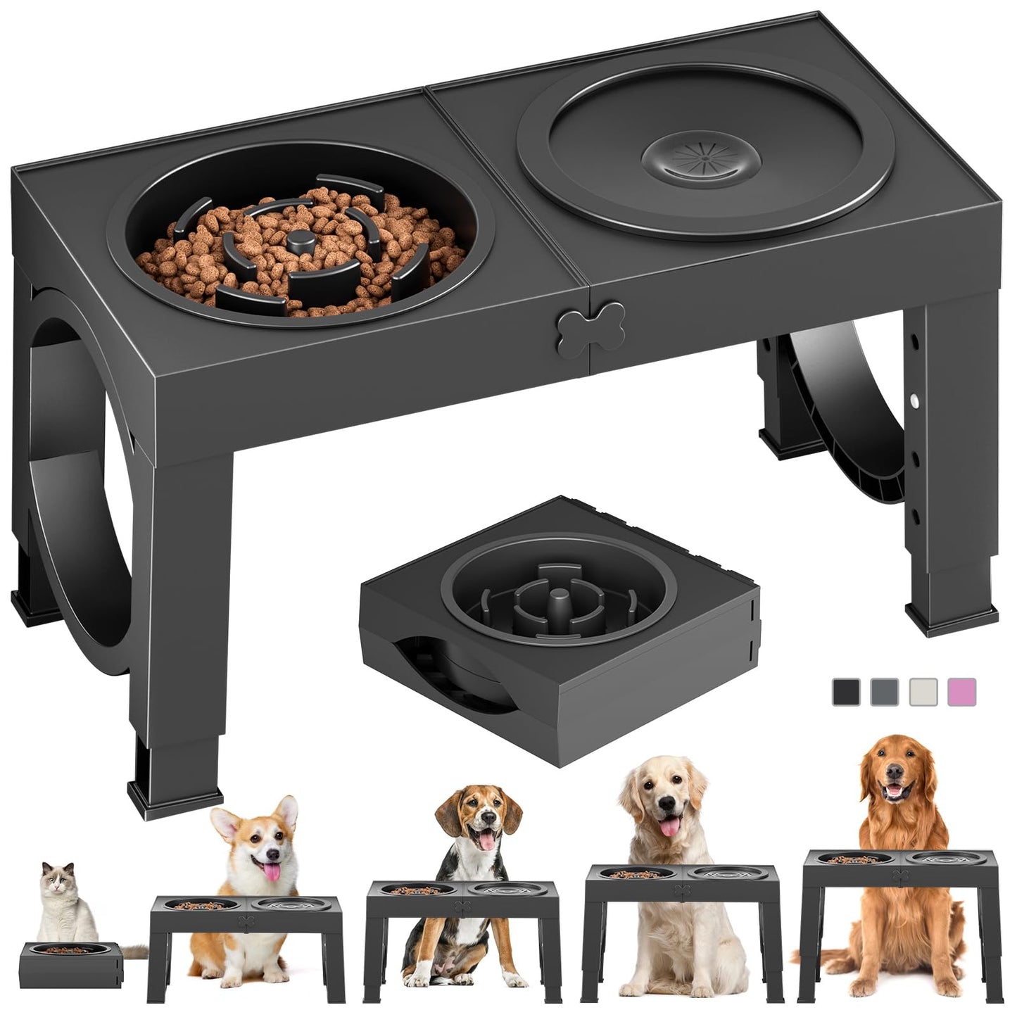 HOTXIAZ Elevated Dog Bowls Large Breed Raised Dogs Bowl Stand Large/Medium Sized Dog Stainless Steel Food Water Bowl Stands 5 Heights Adjustable 9/11/12/14in Black Pet Feeder Dish Station