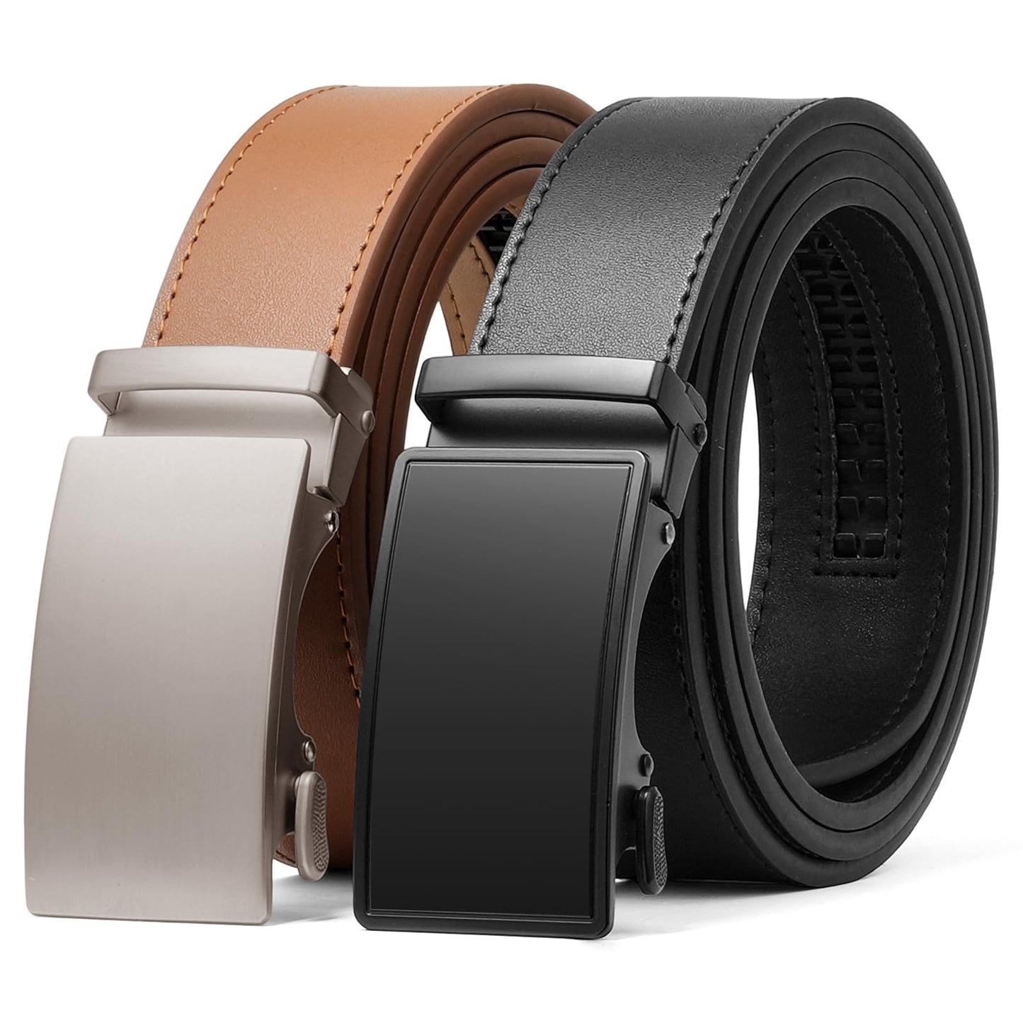 HOTSENDEFN 2 Pack Ratchet Belt Men, Men Leather Belts in Gift Set Box for Dress Casual, Size Adjustable Trim to Fit