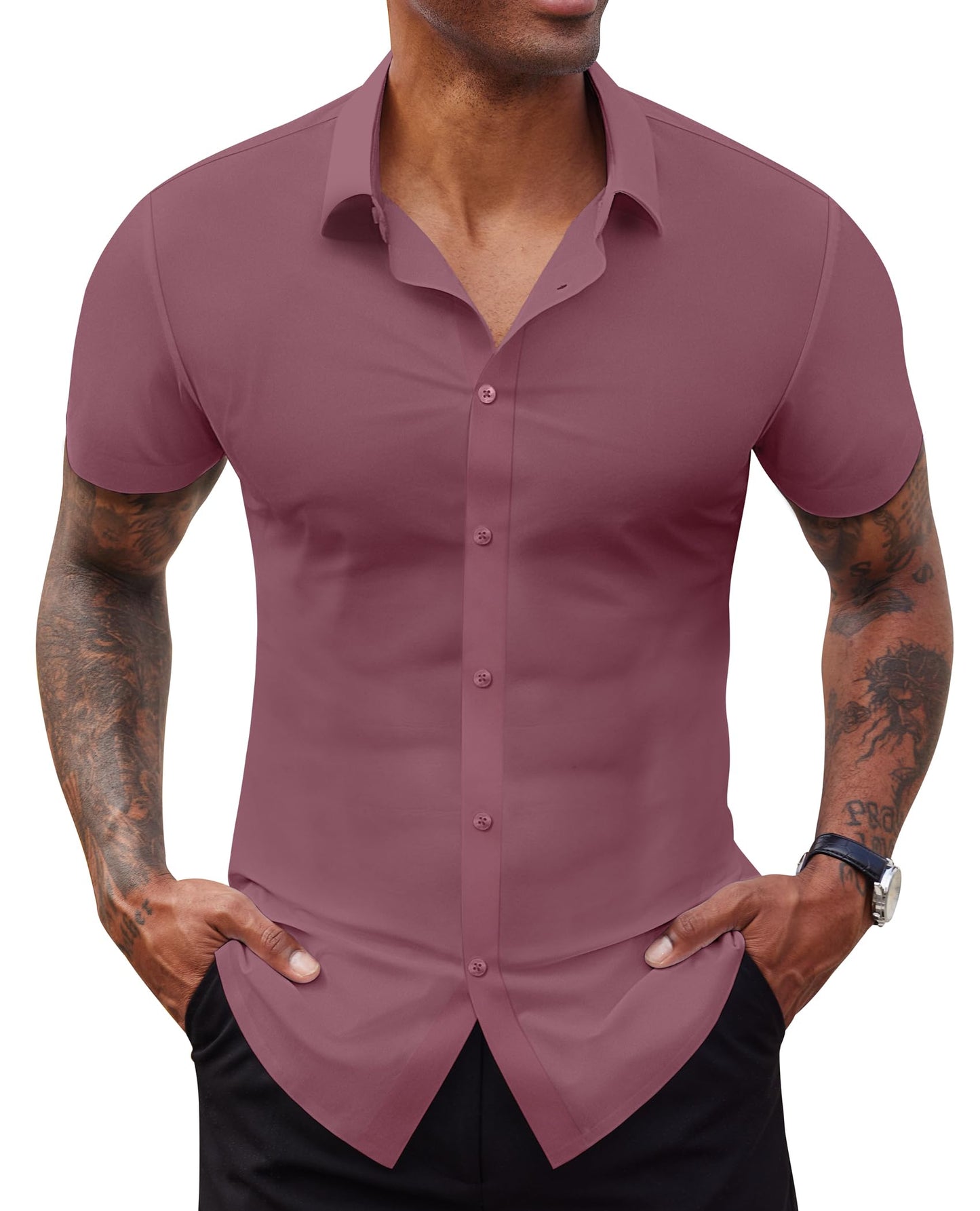 HOTLion Nardo Stretch Dress Shirts for Men Short Sleeve Slim Fit Casual Button Down Shirts Muscle Fit Men's Dress Shirts