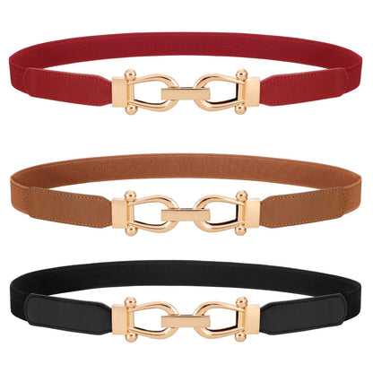 HOTWERFORU 3 Pack Women Skinny Elastic Waist Belt Gold Buckle Stretchy Thin Belt for Jeans Dress