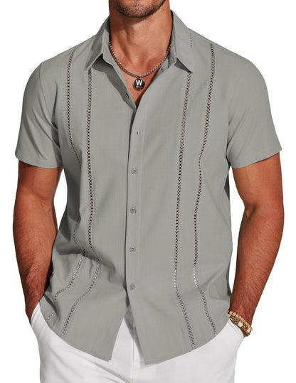 HOTCOOFANDY Men's Cuban Guayabera Shirt Short Sleeve Button Down Shirts Casual Summer Beach Linen Shirts