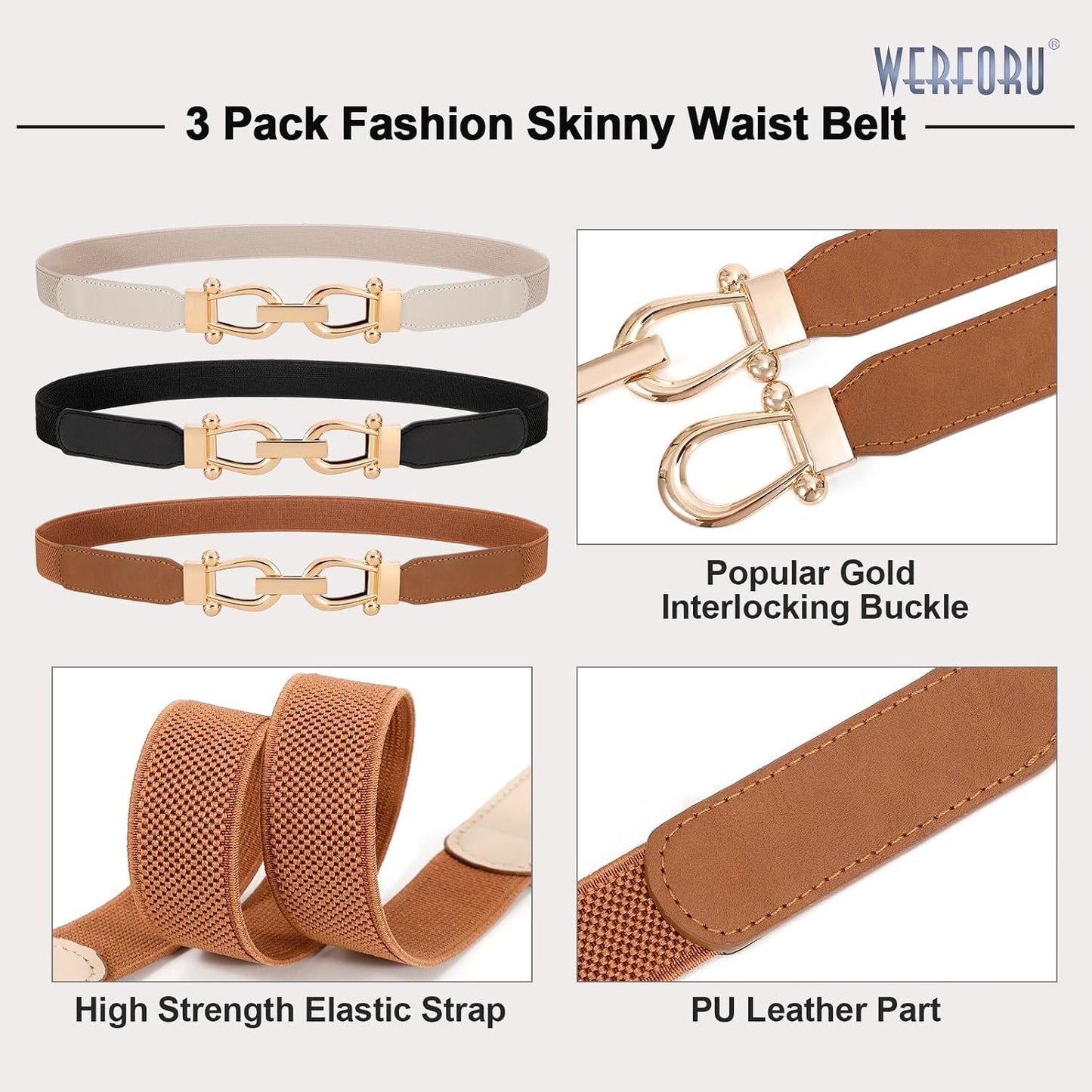 HOTWERFORU 3 Pack Women Skinny Elastic Waist Belt Gold Buckle Stretchy Thin Belt for Jeans Dress