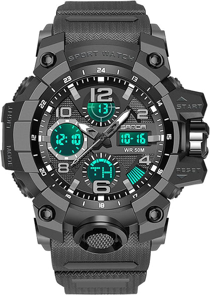 HOTWaterproof Sports Watch for Men with Night Light, Dual Display Analog Digital Outdoor Swimming Surfing Military Tactics Wrist Watch Alarm Stopwatch