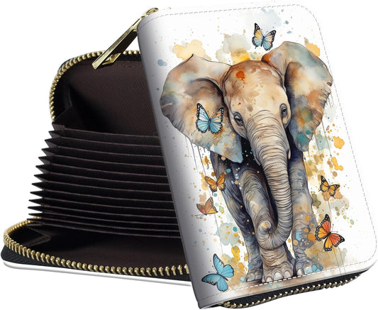 HOTSmall Wallet for Women Credit Card Holder,RFID Leather Business Card Case Wallet with Zipper Design for Women Men Gifts-Butterflies and Elephants