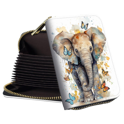 HOTSmall Wallet for Women Credit Card Holder,RFID Leather Business Card Case Wallet with Zipper Design for Women Men Gifts-Butterflies and Elephants