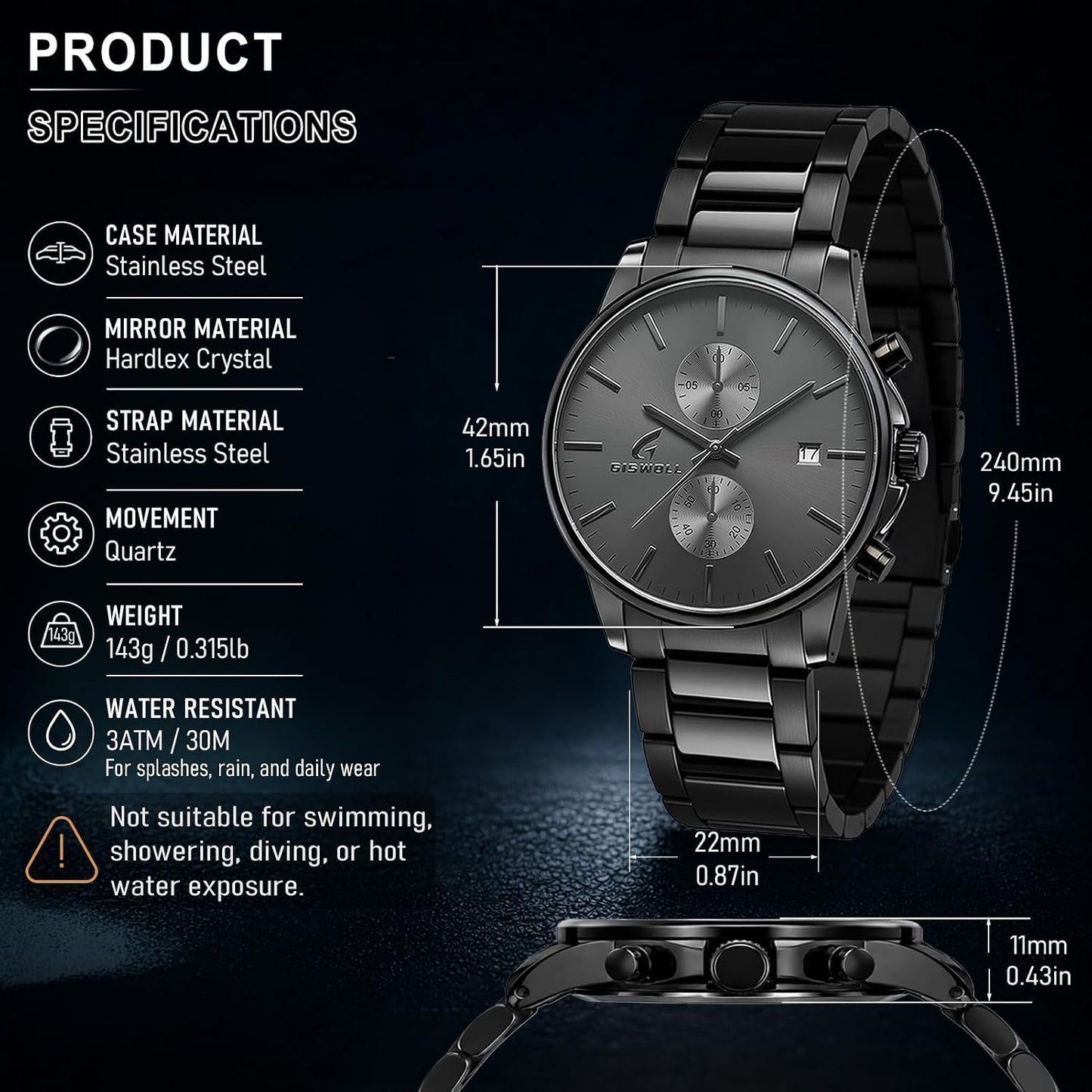 HOTStylish Stainless Steel Men's Watches with Functional Chronograph Subdials | Analog Waterproof Watches for Men, Solid Feel, Auto Date, 60-Second & 1/10-Second Timers, Gifts for Men Dad Husband Boyfriend