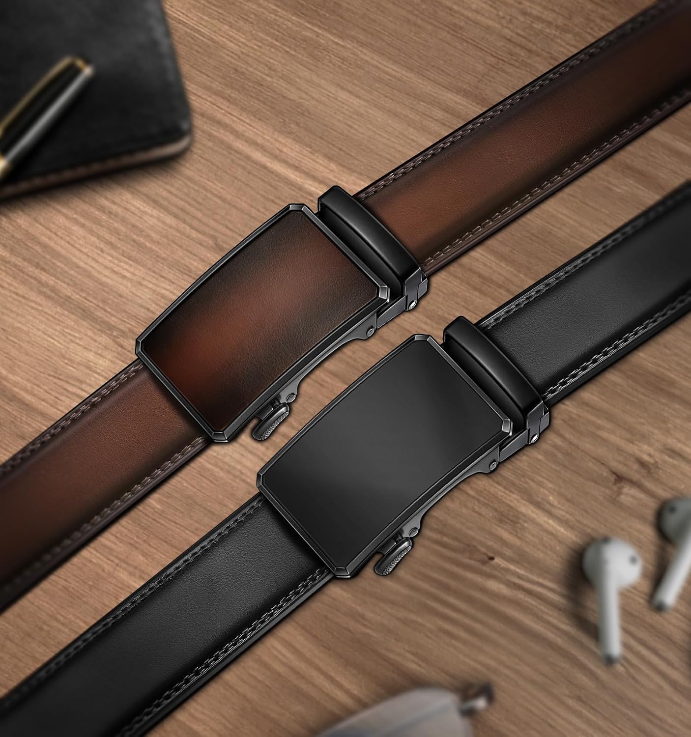 HOTKEMISANT Men's Ratchet Leather Belt 2Pack-Trimmable 1 3/8“-Gift Boxed | Smooth Sliding | Micro Adjustable Fit | Tailored Size | Holeless Understated Elegance