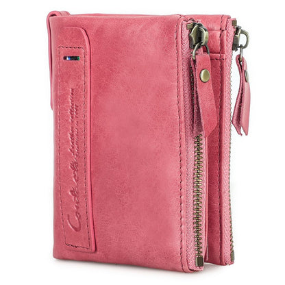 HOTCONTACTS Soft Leather Wallet for Women Small Bifold Coin Purse Double Zipper Card Holder with RFID Blocking (Rose Tan)