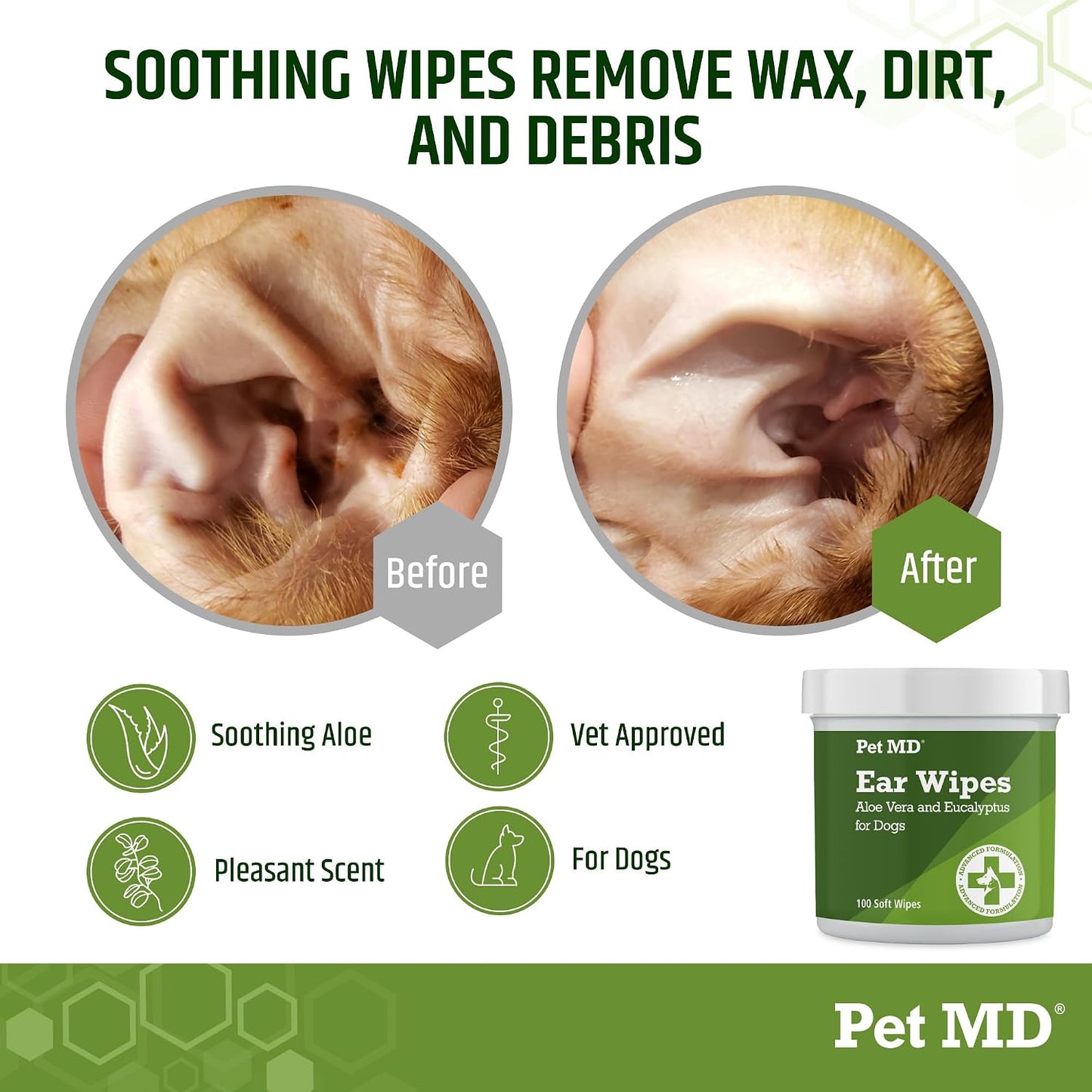 HOTPet MD Dog Ear Cleaning Wipes – Otic Cleanser for Dogs - 100 ct | Soothing Ear Care with Aloe Vera & Eucalyptus, Regular Wipes