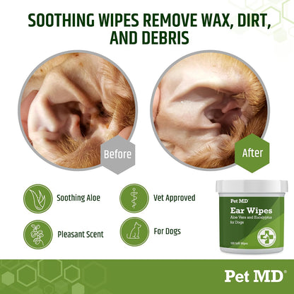 HOTPet MD Dog Ear Cleaning Wipes – Otic Cleanser for Dogs - 100 ct | Soothing Ear Care with Aloe Vera & Eucalyptus, Regular Wipes