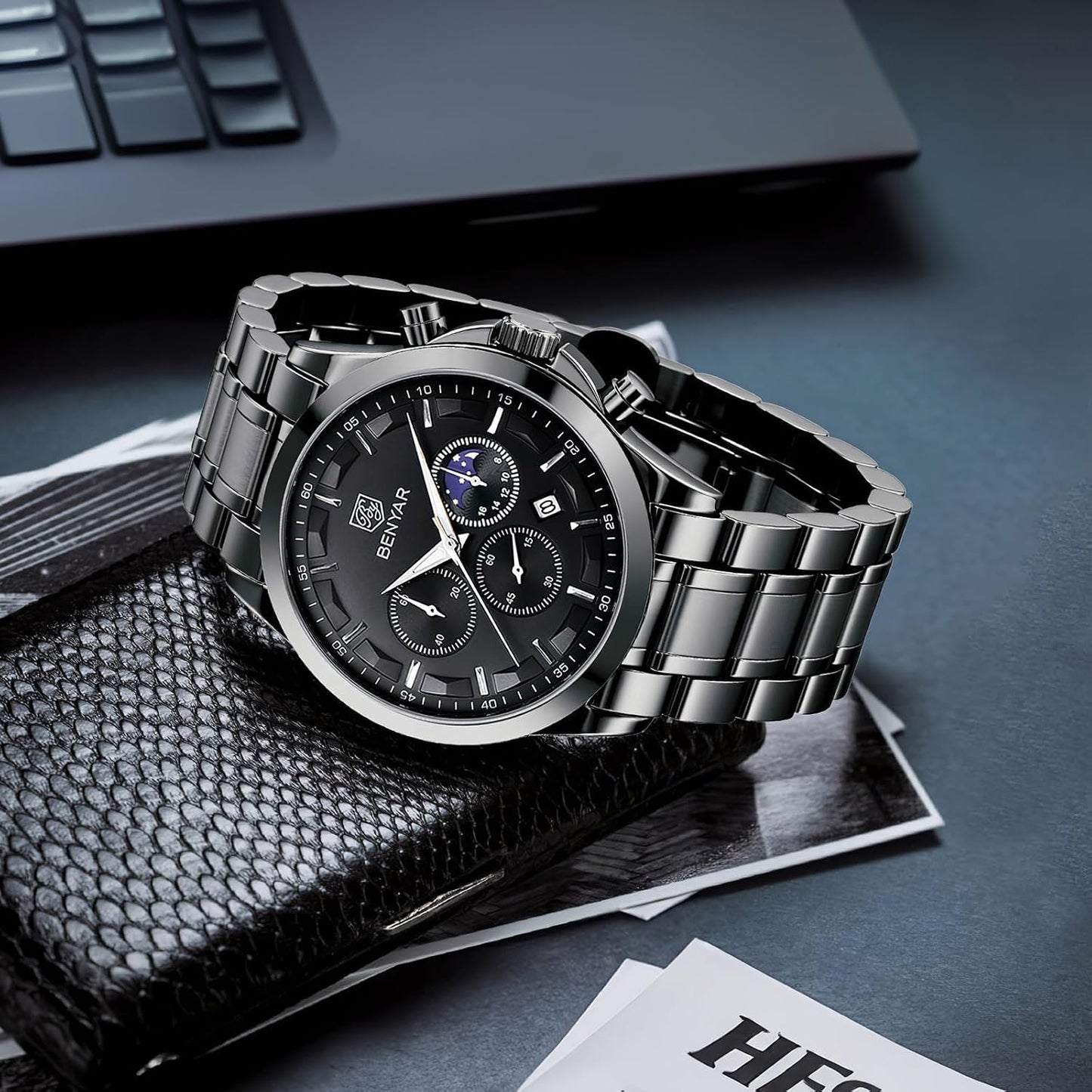 HOTBENYAR Mens Watches Analog Quartz Chronograph Waterproof Wrist Watches for Men Fashion Business Work Casual Sport Designer Dress Watch with Calendar Elegant Gifts for Men