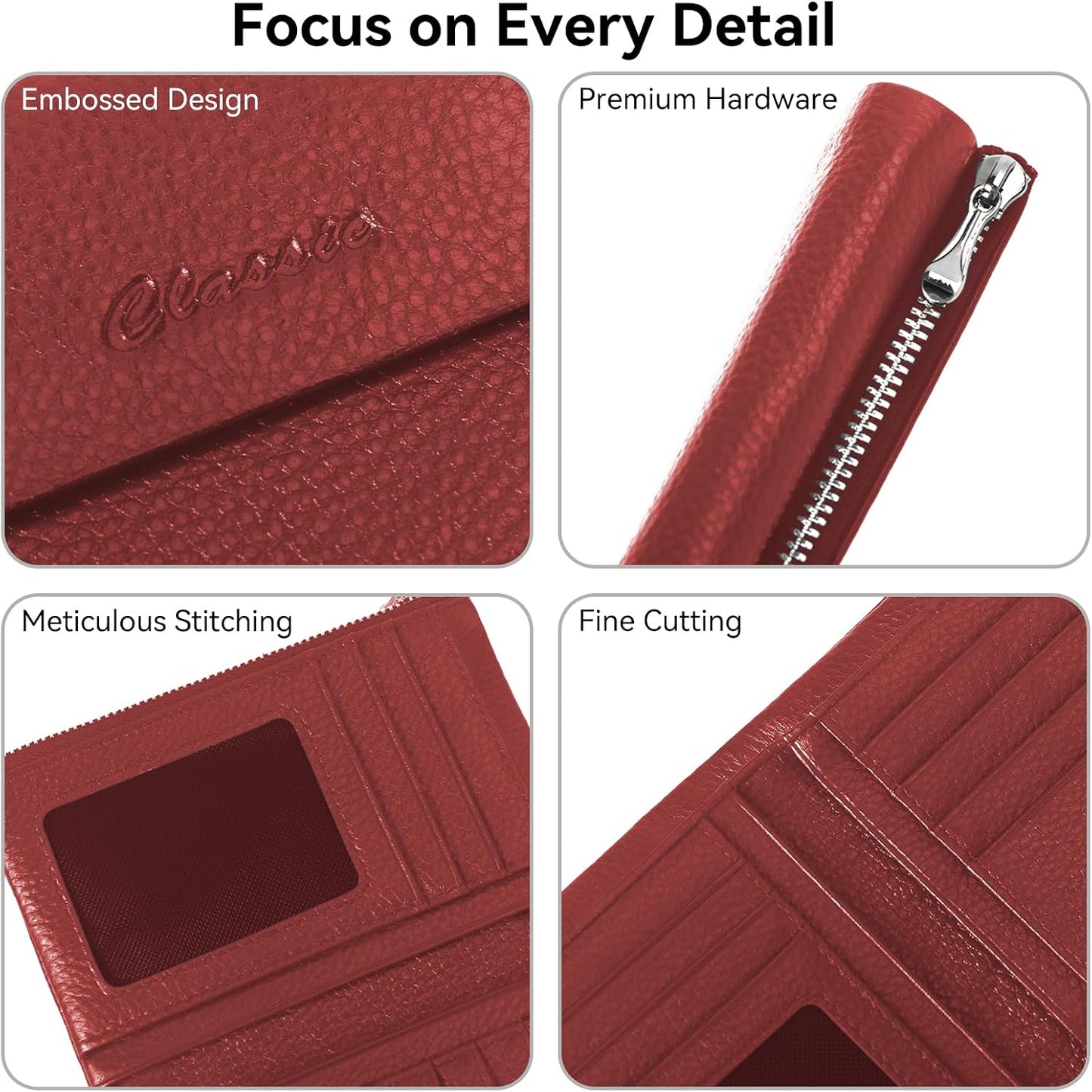 HOTBifold Wallet for Women Genuine Leather, [Large Capacity] [Magnetic Closure] Female Ladies Wallet Card Holder with ID Window, Zipper Coin Pockets (Burgundy)