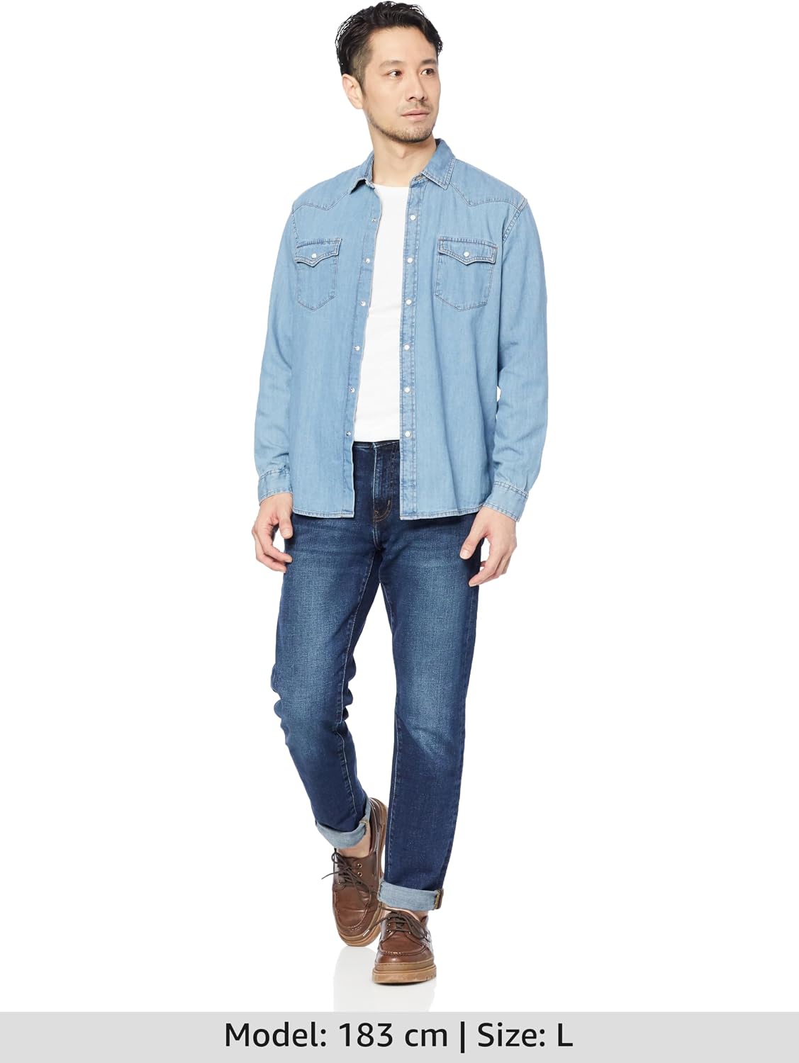 HOTAmazon Essentials Men's Slim-Fit Long-Sleeve Denim Western Style Cotton Shirt with Snap Buttons, Lightweight