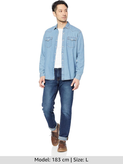 HOTAmazon Essentials Men's Slim-Fit Long-Sleeve Denim Western Style Cotton Shirt with Snap Buttons, Lightweight