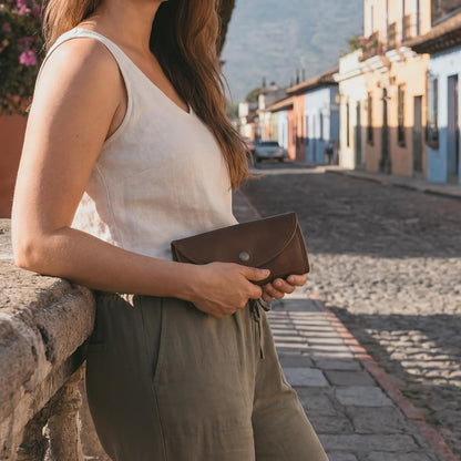 HOTHide & Drink, Full Grain Leather Snap Clutch Wallet for Women, Money Holder and Card Organizer with Zippered Pouch, Handmade, Bourbon Brown