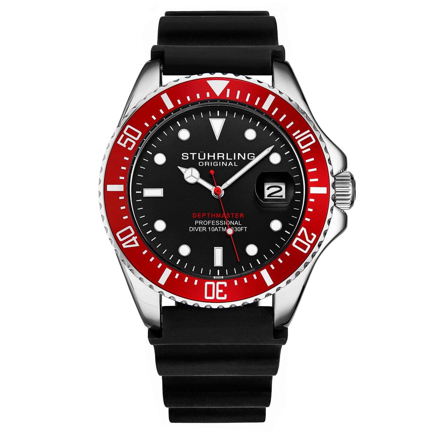 HOTStuhrling Original Men's Watch Dive Watch Silver 42 MM Case with Screw Down Crown Rubber Strap Water Resistant to 330 FT