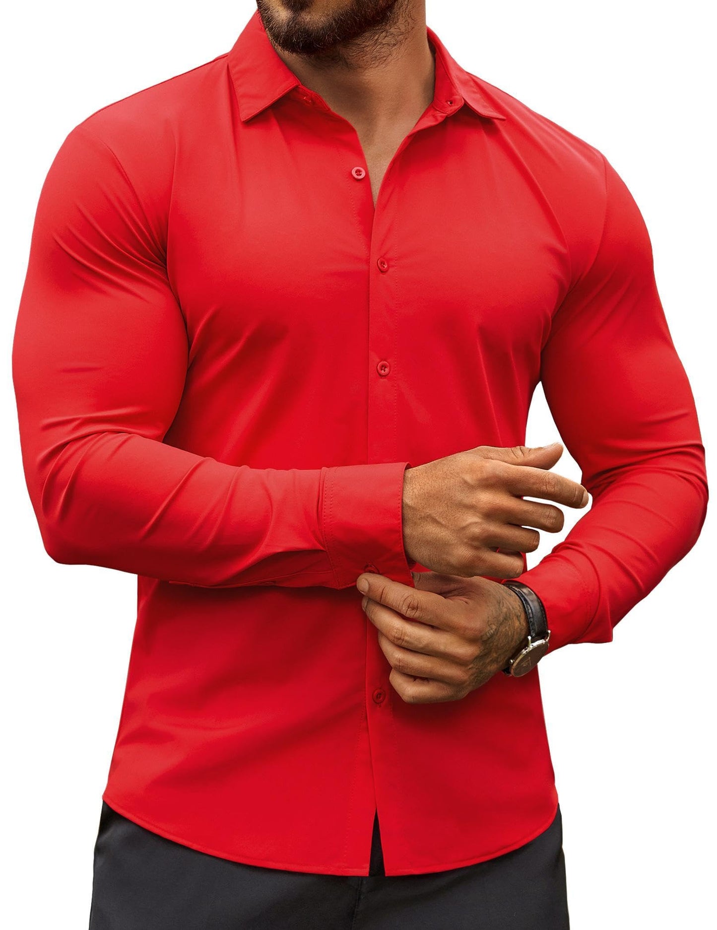 HOTCOOFANDY Men's Muscle Fit Dress Shirts Wrinkle-Free Long Sleeve Casual Button Down Shirts