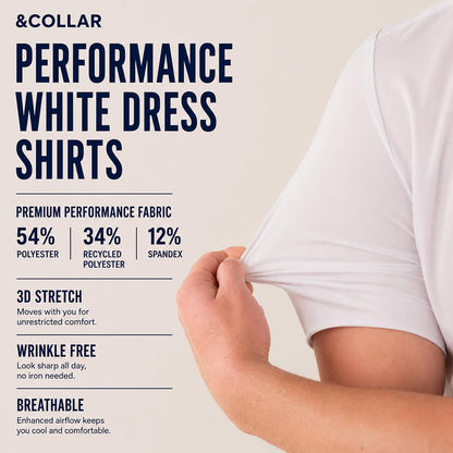 HOT&COLLAR Mens Short Sleeve White Dress Shirt, Slim and Athletic Fit | 4 way stretch, wrinkle resistant, stain guard, breathable, machine washable, office and church ready
