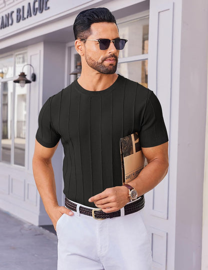 HOTCOOFANDY Men's T- Shirts Short Sleeve Knit Sweater Shirt Casual Crewneck Ribbed Pullover Tees