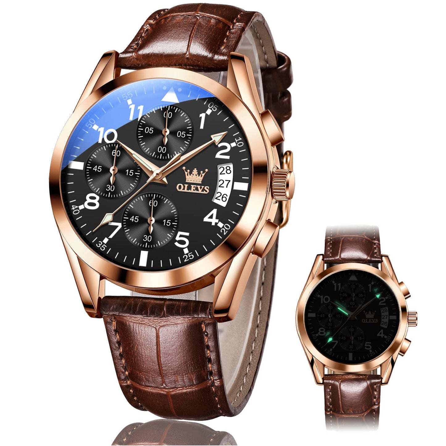 HOTOLEVS Watches for Men Case Waterproof Watches Leather Band Day Date Mens Watch Analog Quartz Chronograph Wristwatches Multi-Function Men's Watch