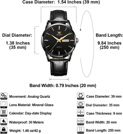 HOTQBAIZI Men's Casual Leather Watch, Easy to Read Three-Hand Analog Stainless Steel Watches for Men, Minimalist Day Date Waterproof Luminous Mens Quartz Wristwatch