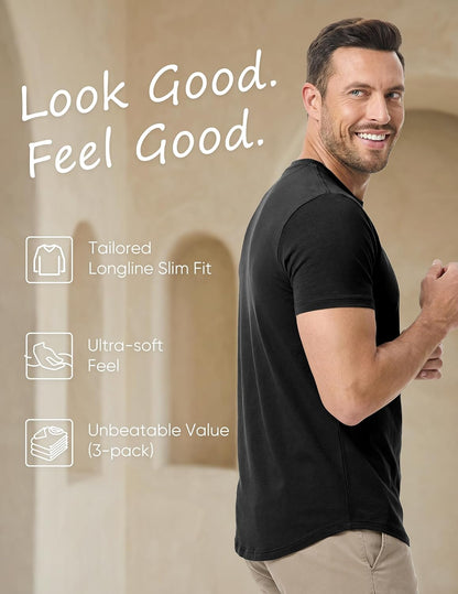 HOTJMIERR Mens 3 Pack Cotton Hipster Hip Hop Longline Crewneck T-Shirt