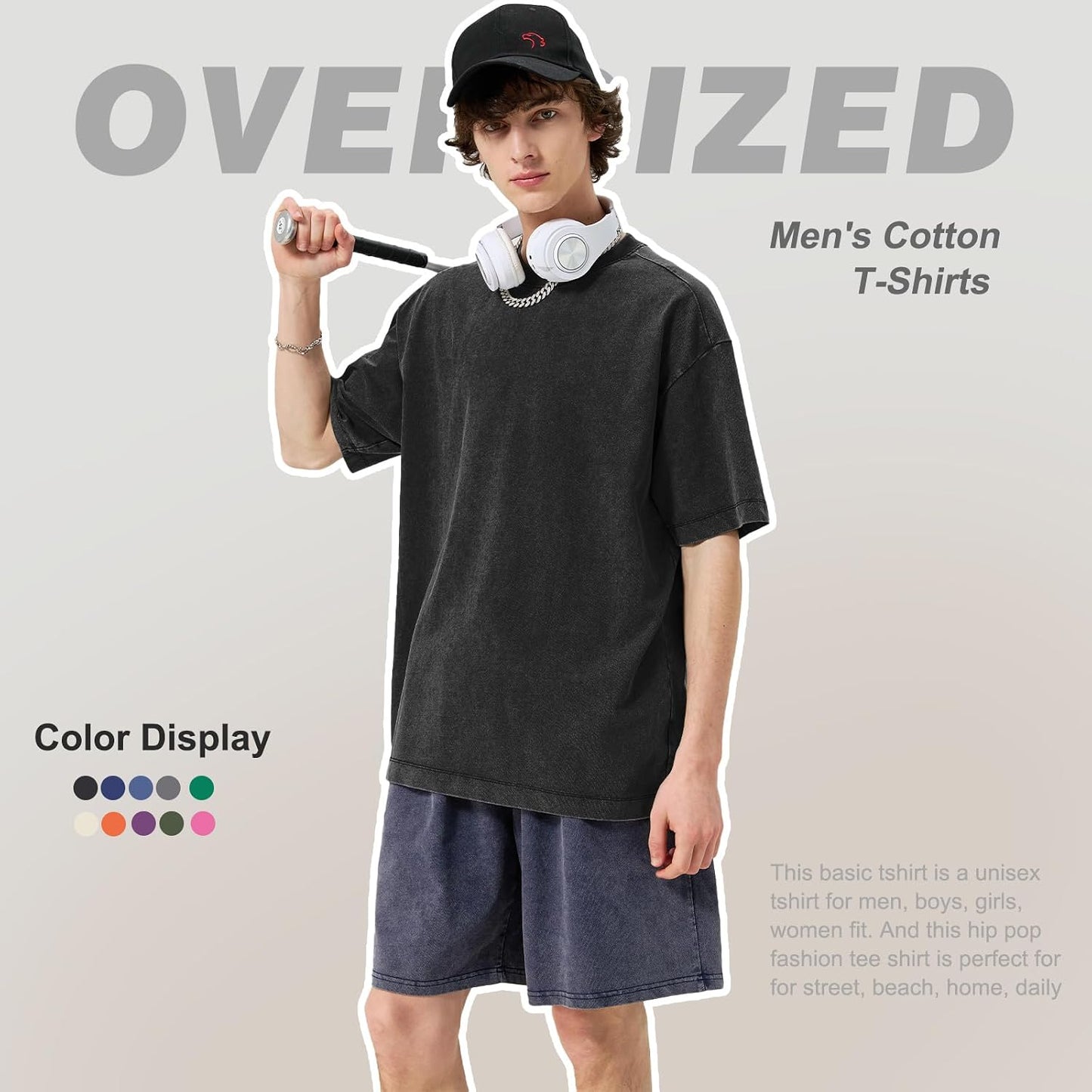 HOTMen's Cotton T-Shirts Oversized Unisex Short Sleeves Casual Loose Wash Solid Basic Tee Tops