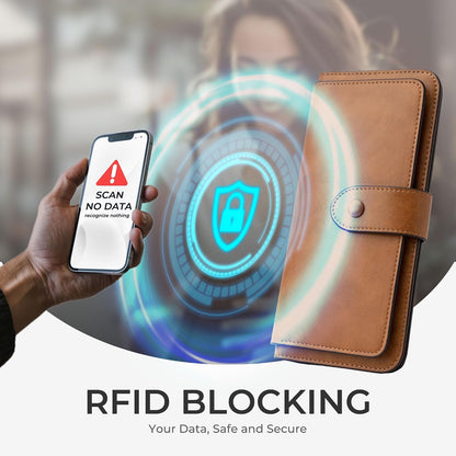 HOTRFID Blocking Leather Wallet for Women, Slim Trifold with 14 Card Slots and Zipper Pocket (Brown)
