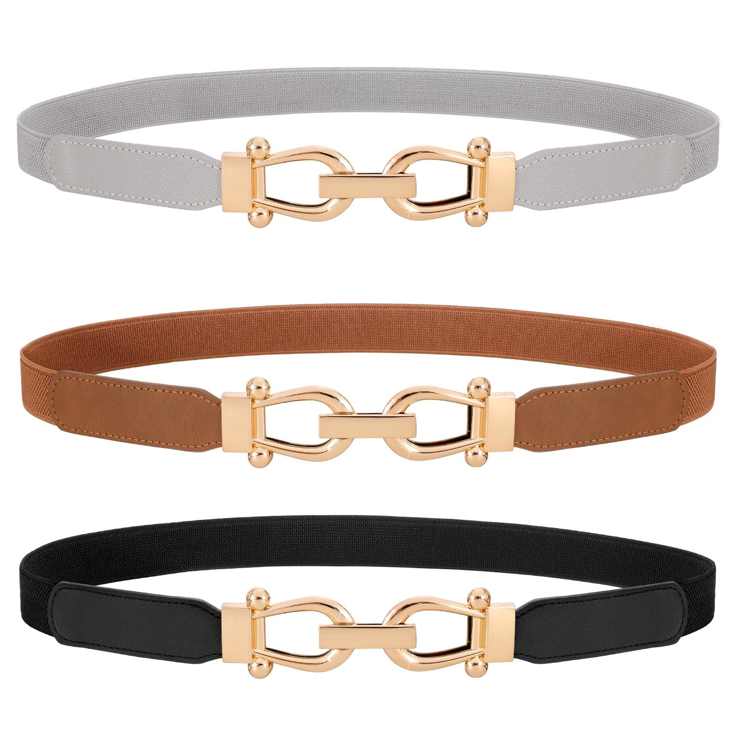 HOTWERFORU 3 Pack Women Skinny Elastic Waist Belt Gold Buckle Stretchy Thin Belt for Jeans Dress