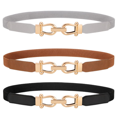 HOTWERFORU 3 Pack Women Skinny Elastic Waist Belt Gold Buckle Stretchy Thin Belt for Jeans Dress
