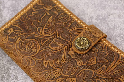 HOTTooled Leather Phone Wallet Case Compatible with iphone 17 16 15, Hand-Sewn Saddle Stitch, 4 Card Slots, Wrist Strap, Snap Folio