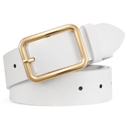 HOTWERFORU Women Classic Black Leather Belt With Square Silver Buckle For Jeans Pants,1.3" width