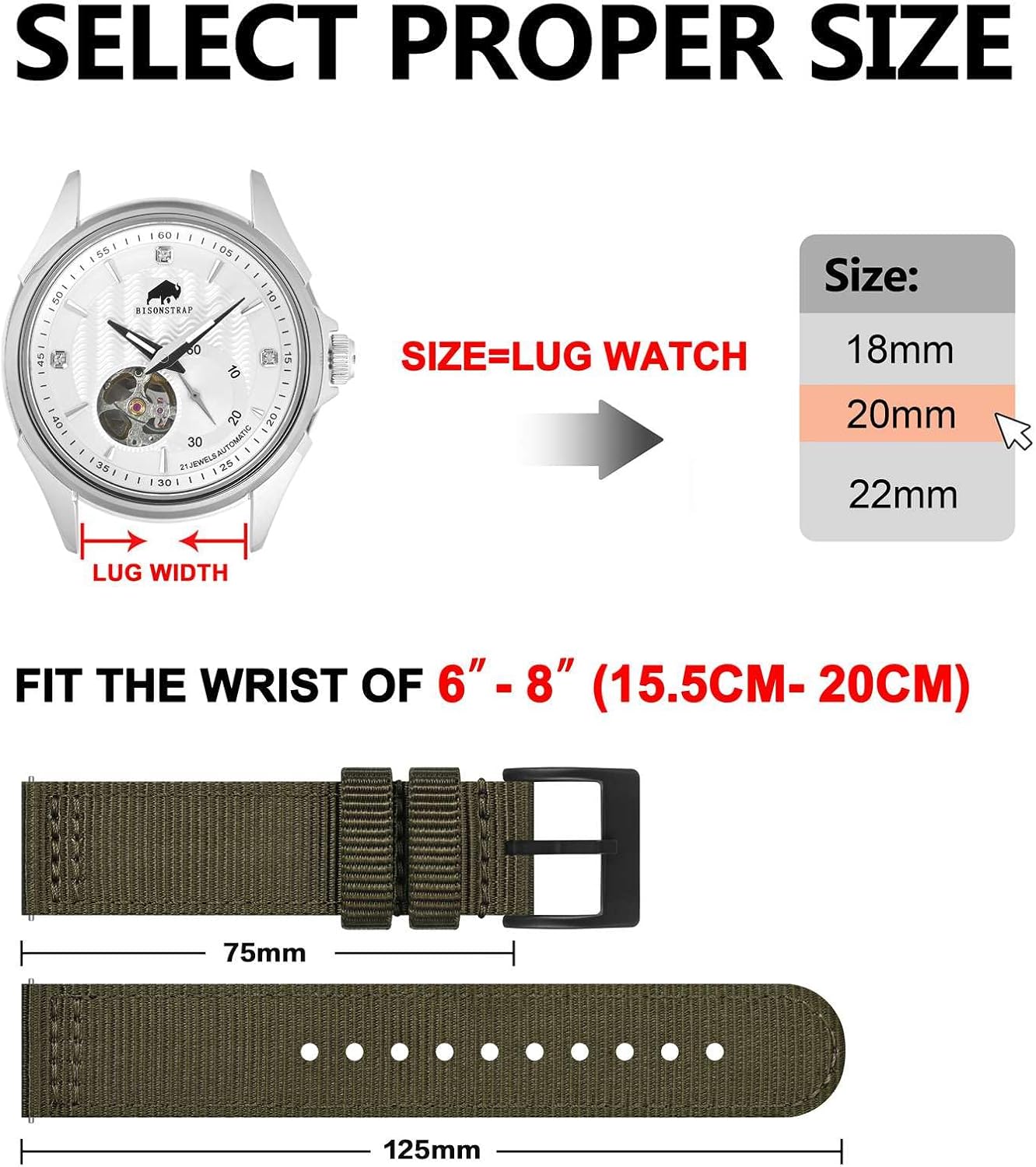HOTBISONSTRAP Men’s Nylon Watch Bands, Two-Piece Military Watch Straps, Quick Release, Brushed Buckle, Band Width 18mm 19mm 20mm 22mm