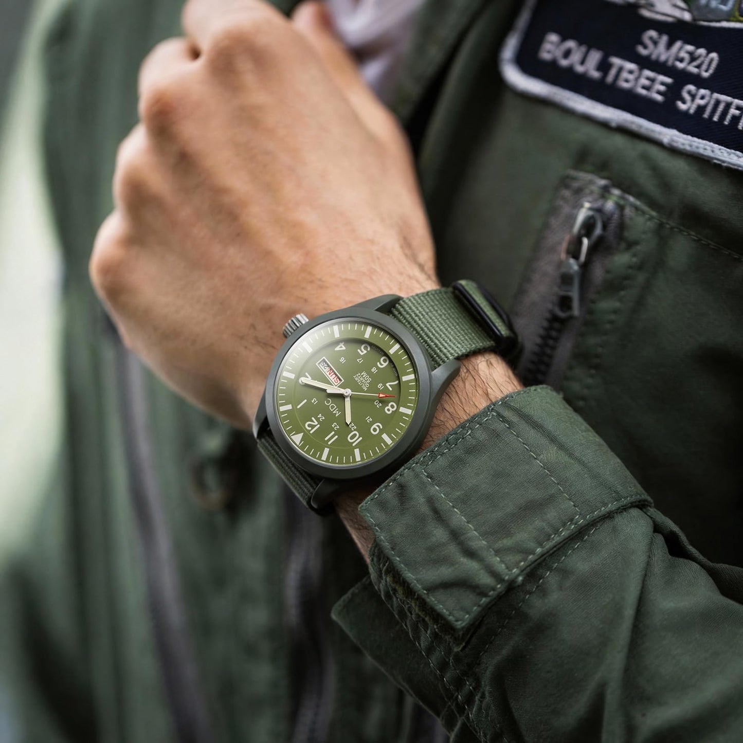 HOTInfantry Mens Military Field Watch, Vietnam Style, 12/24H, Green Nylon Band | Tactical Day Date, Waterproof, Analog Quartz, Army Green Strap for Outdoor Work, Veteran Gift