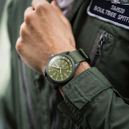 HOTInfantry Mens Military Field Watch, Vietnam Style, 12/24H, Green Nylon Band | Tactical Day Date, Waterproof, Analog Quartz, Army Green Strap for Outdoor Work, Veteran Gift