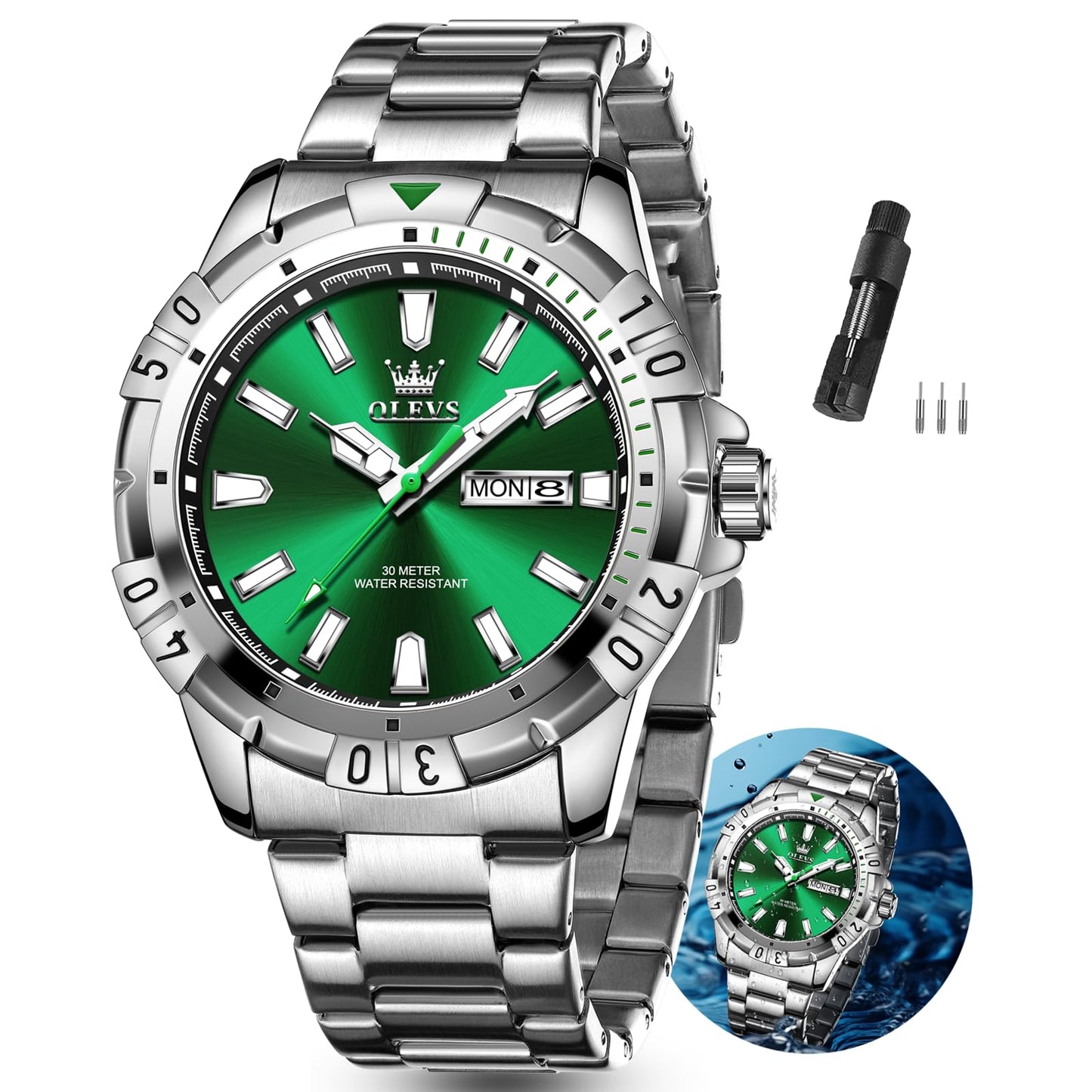 HOTOLEVS Watches Men Waterproof Luxury Big Face Mens Watch Stainless Steel Day Date Quartz Analog Dress Watches for Men Luminous Reloj para Hombres (Green/Blue/Black/Gold)