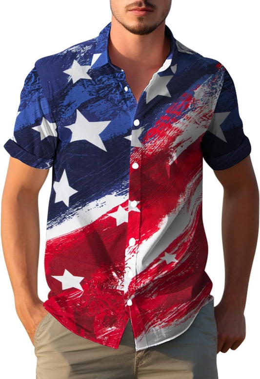 HOTYoimira 4th of July Shirts for Men,Patriotic Grunge Concept USA Flag Button-Down Casual Short Sleeve Hawaiian Shirts for Men