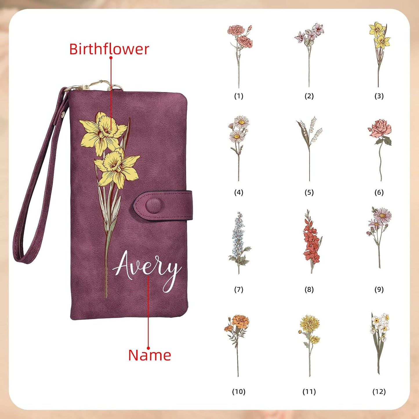 HOTPersonalized Wallet for Women, Custom Birth Flower & Name Detachable Leather Wristlet, Stylish Card Holder Purse with Zipper Large Capacity Wallet Mother's Day Gifts for Mom (Purple)