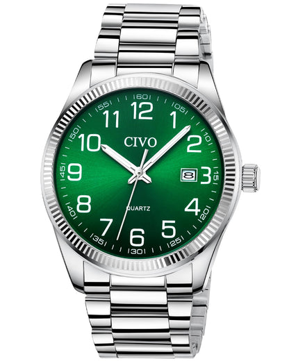 HOTCIVO Silver Analog Watches for Men: Stainless Steel Dress Wrist Watch Date | Classic, Easy to Read Large Numbers, Waterproof for Work, Formal, Gifts for Husband, Son, Father, Birthday, Anniversary