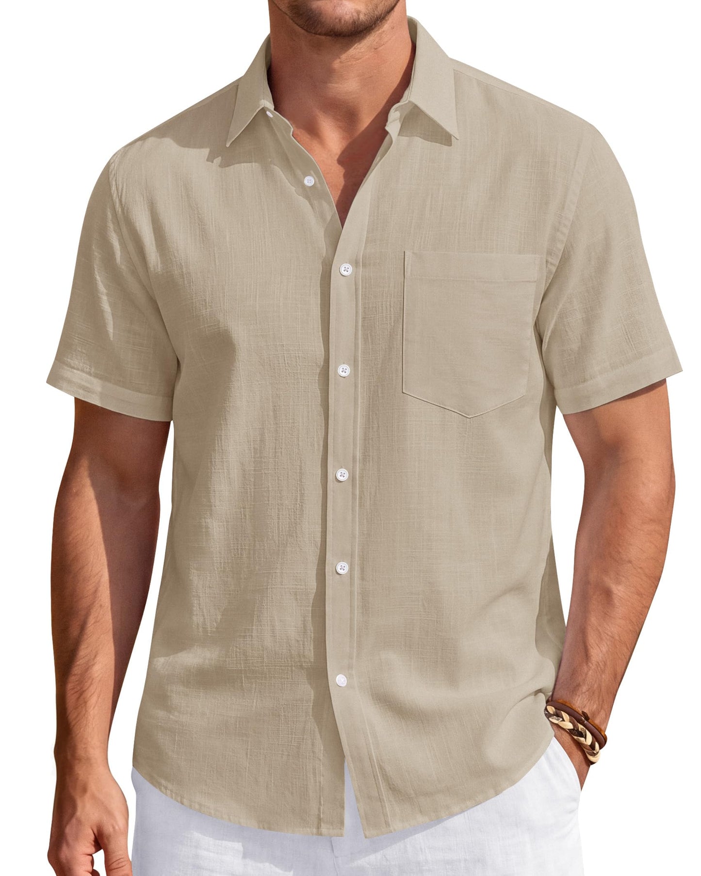 HOTJ.VER Mens Linen Shirt Short Sleeve Button Down Casual Summer Shirts | Cotton Linen, Untucked, Big Tall, from Beach Camp Vacation, Cruise Fishing, Work Office, to Wedding Party Family, with Pocket